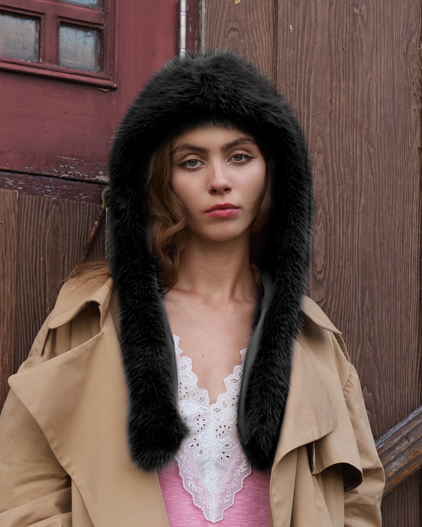 FAUX FUR HOOD SCARF BLACK