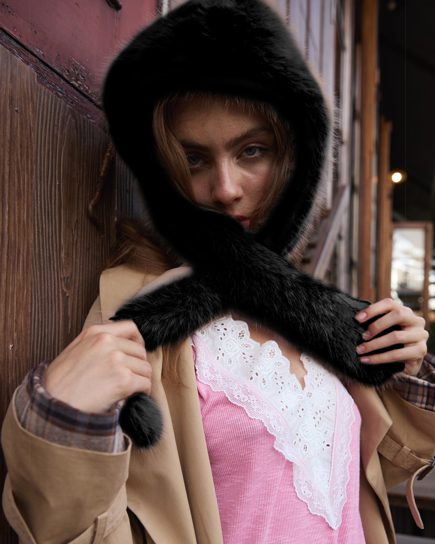 FAUX FUR HOOD SCARF BLACK
