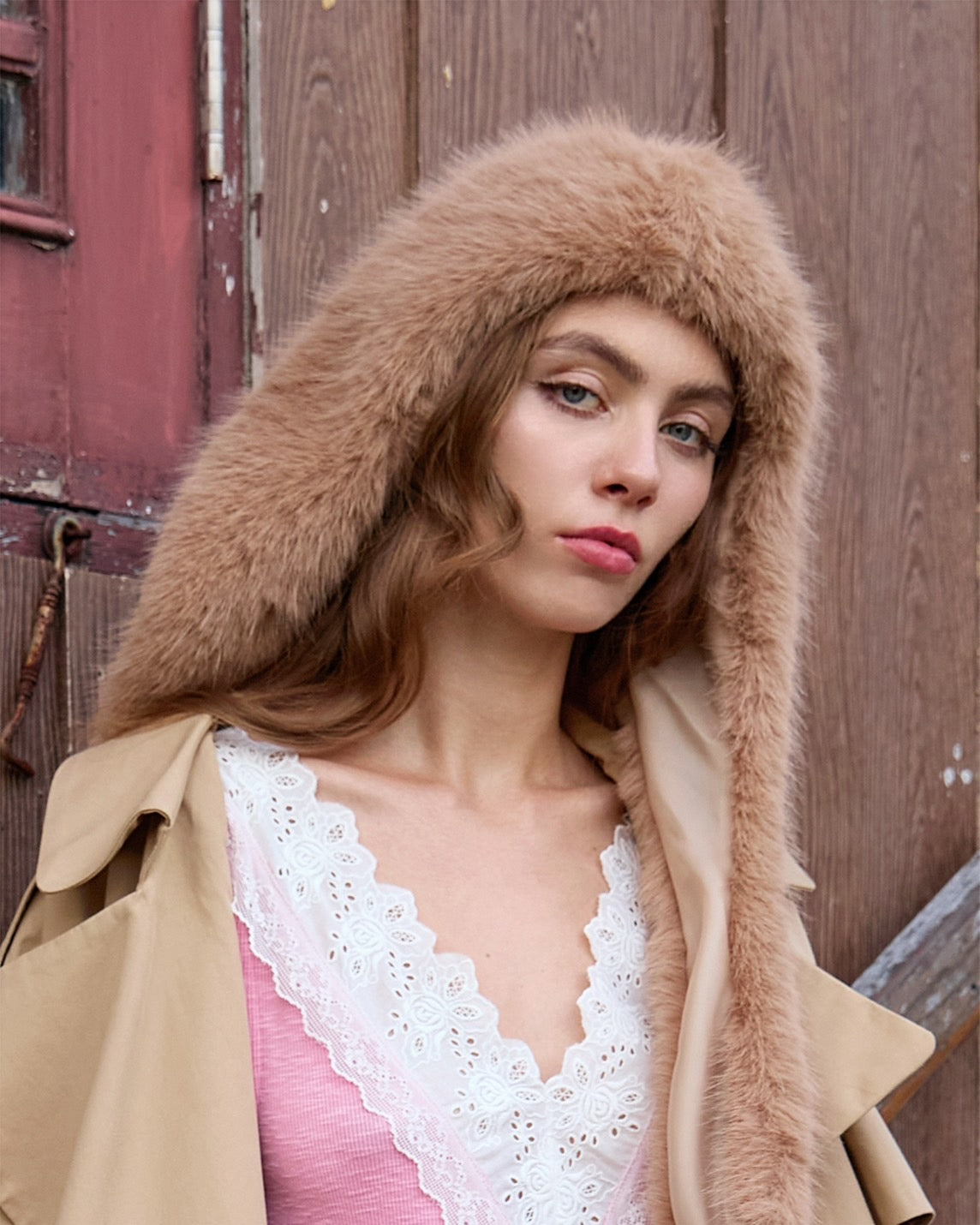 FAUX FUR HOOD SCARF BROWN