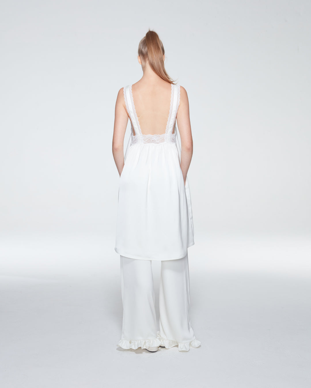 SATIN PANTS WITH RUFFLE HEM