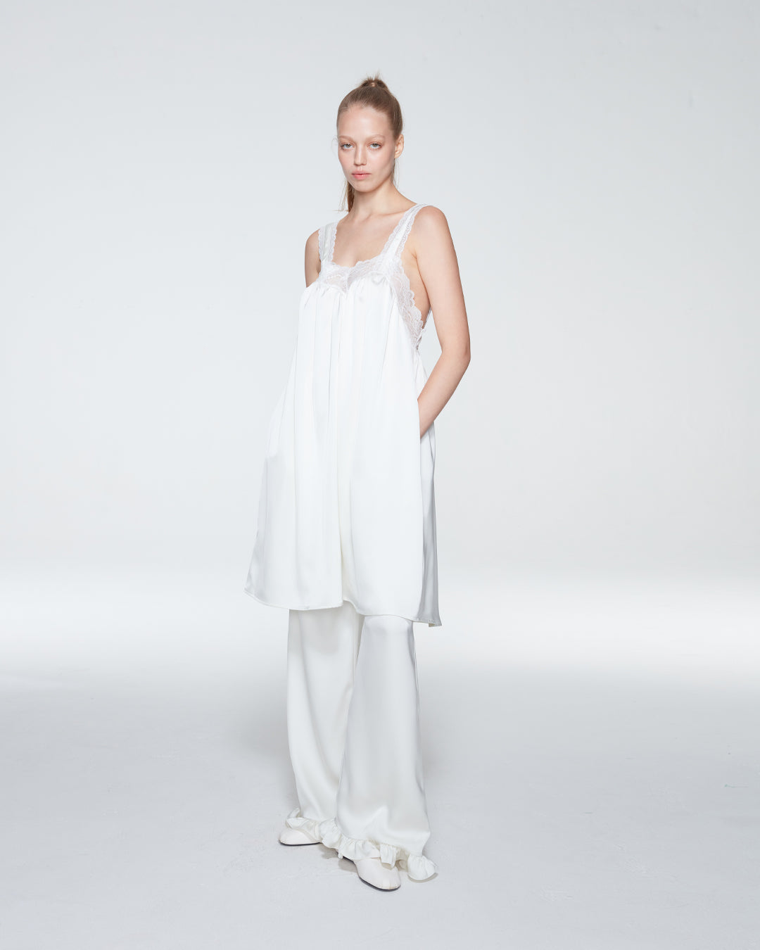 SATIN PANTS WITH RUFFLE HEM