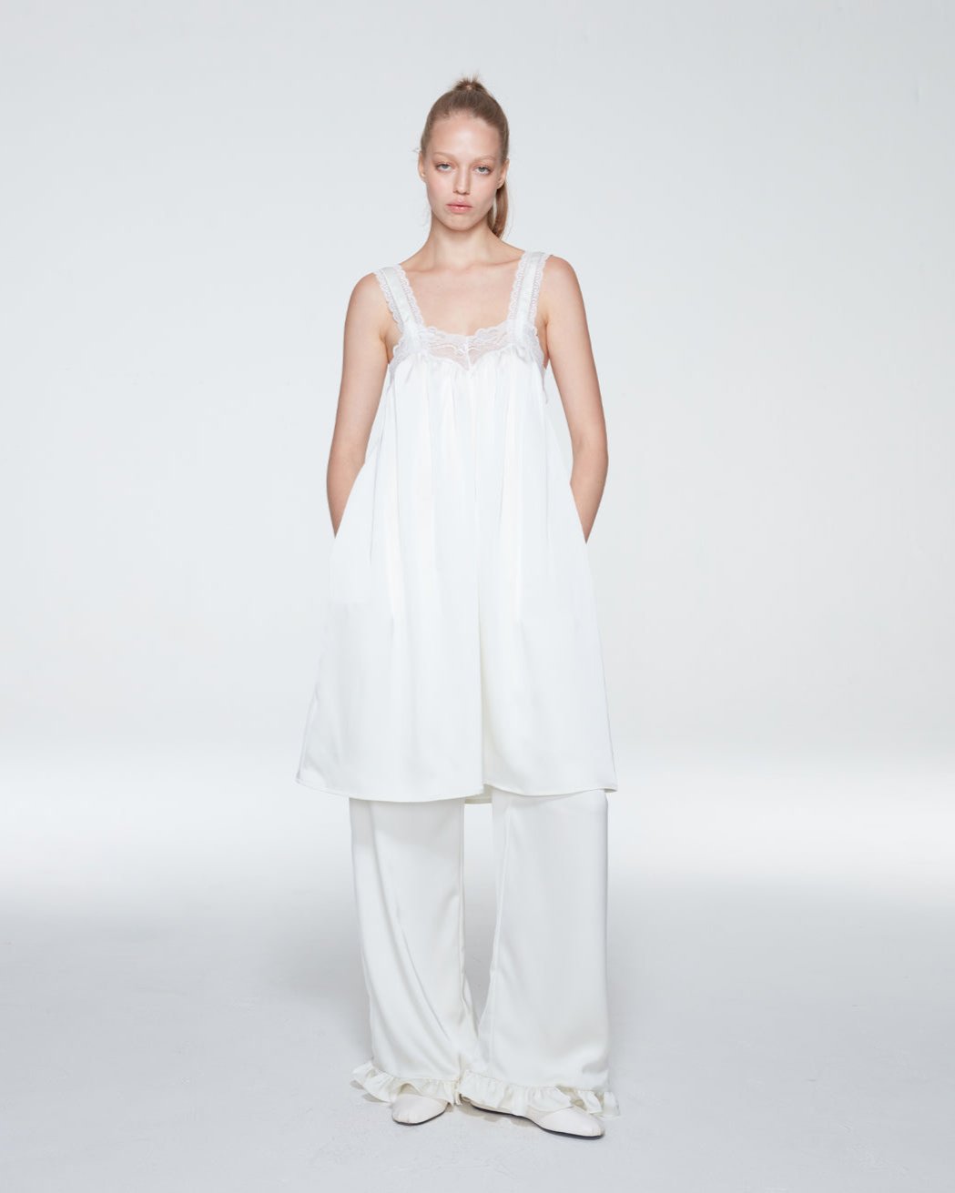 SATIN PANTS WITH RUFFLE HEM