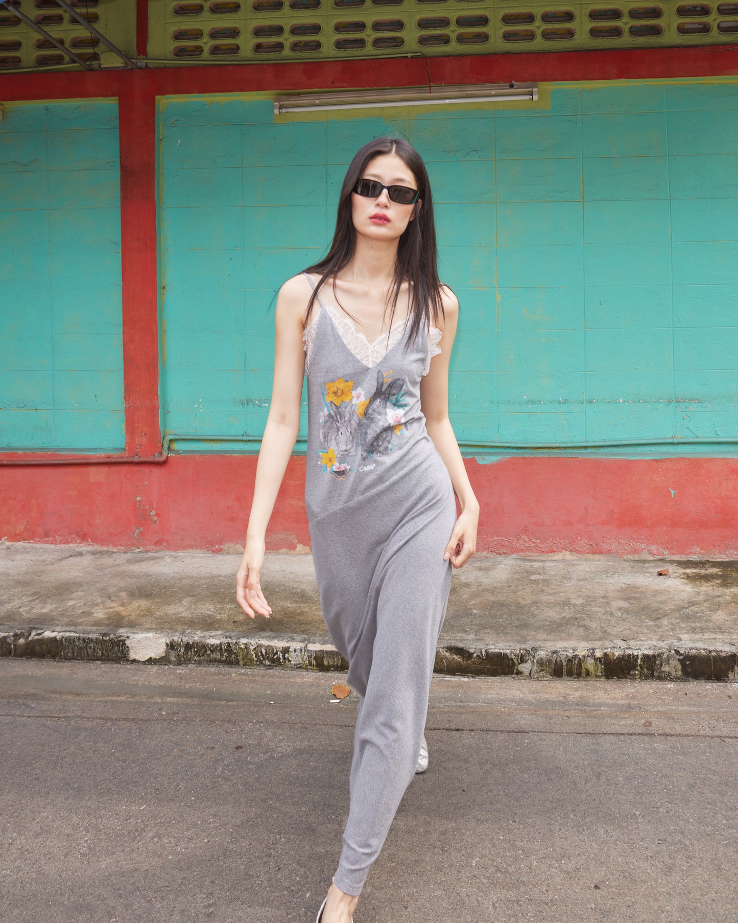 LACE TRIMMED DRESS (GREY BUNNY)