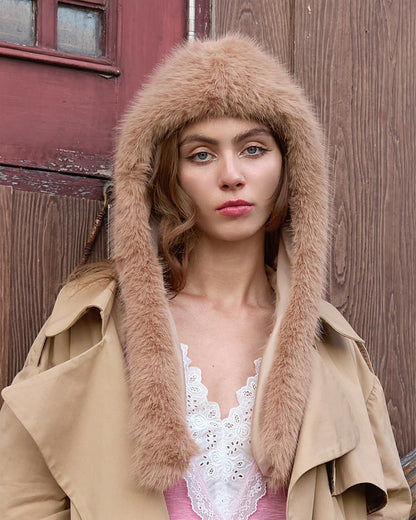 FAUX FUR HOOD SCARF BROWN
