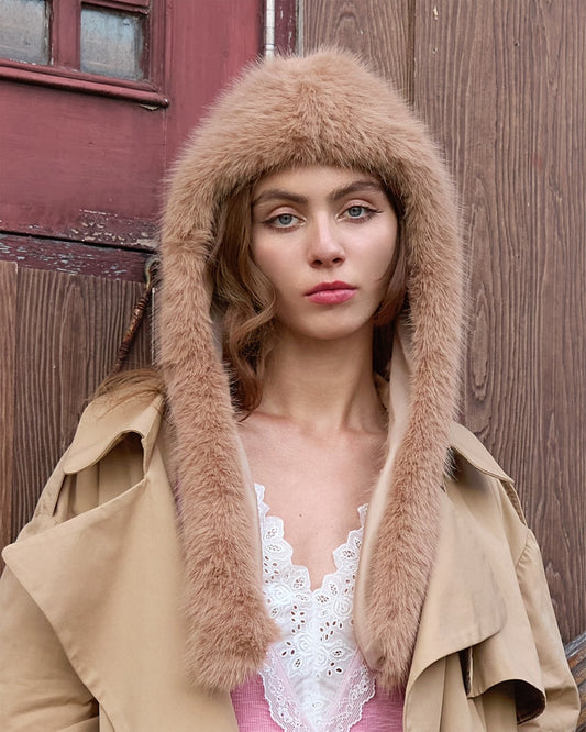 FAUX FUR HOOD SCARF BROWN